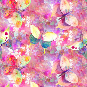 large BUTTERFLIES ON FLOWERS FIELDS  watercolor PINK CORAL AQUA