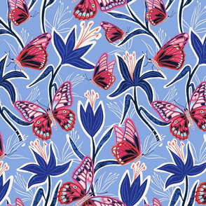 lilies and butterflies - periwinkle blue