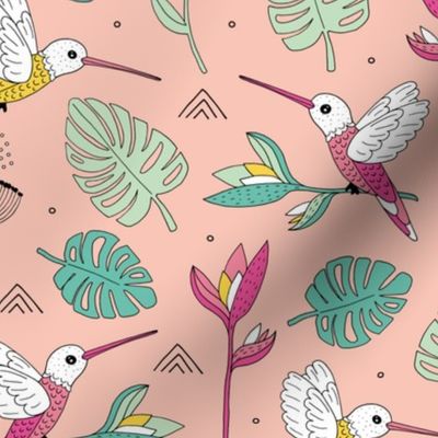 Little hummingbirds and birds of paradise tropical rainforest leaves summer mustard mint pink and yellow girls