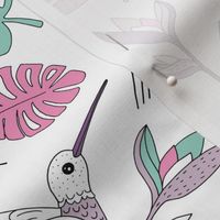 Little hummingbirds and birds of paradise tropical rainforest leaves summer mint lilac purple girls