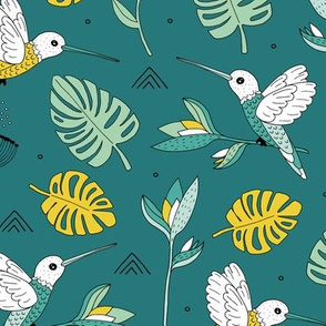 Little hummingbirds and birds of paradise tropical rainforest leaves summer teal mustard yellow