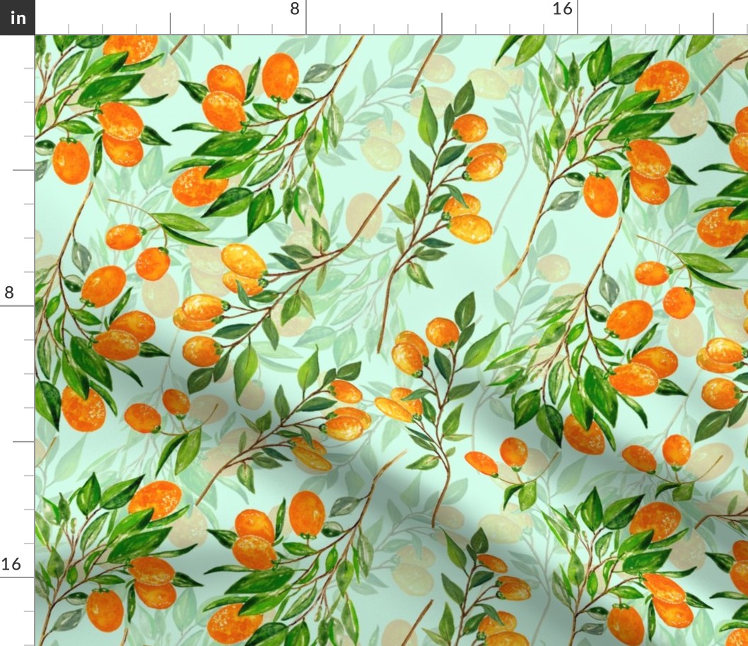  Lemonade - Summer Mediterranean Fresh hand drawn Kumquat branches on mint - double layer