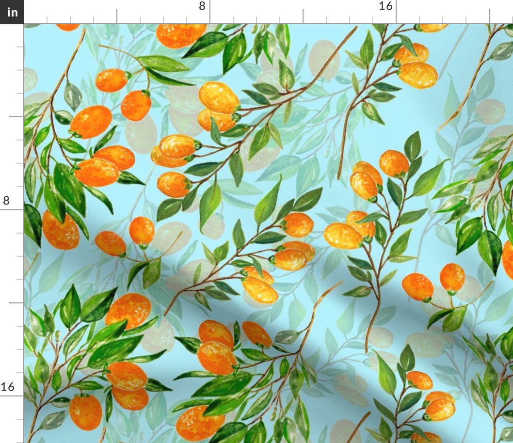  18" Lemonade - Summer Mediterranean Fresh hand drawn Kumquat branches on teal - double layer