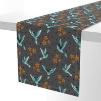 Hummingbirds teal gray flowers birds