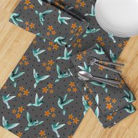 Hummingbirds teal gray flowers birds