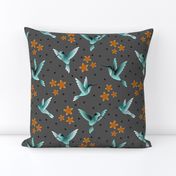 Hummingbirds teal gray flowers birds