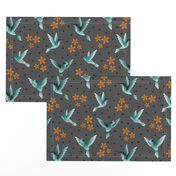 Hummingbirds teal gray flowers birds