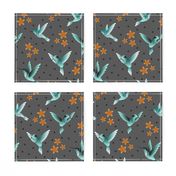 Hummingbirds teal gray flowers birds