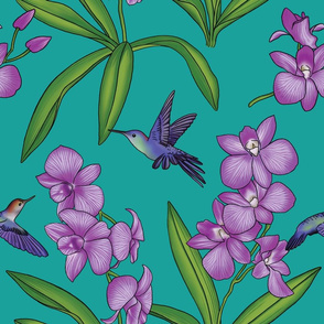 Botanical Orchid Flower Fabric - Teal
