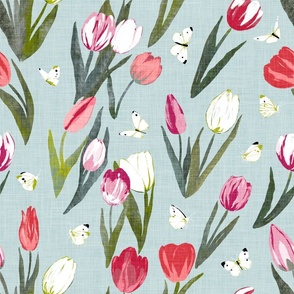 Spring Tulips and First Butterflies on light blue