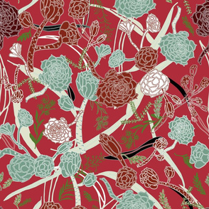 Front Garden teal and wine on scarlet