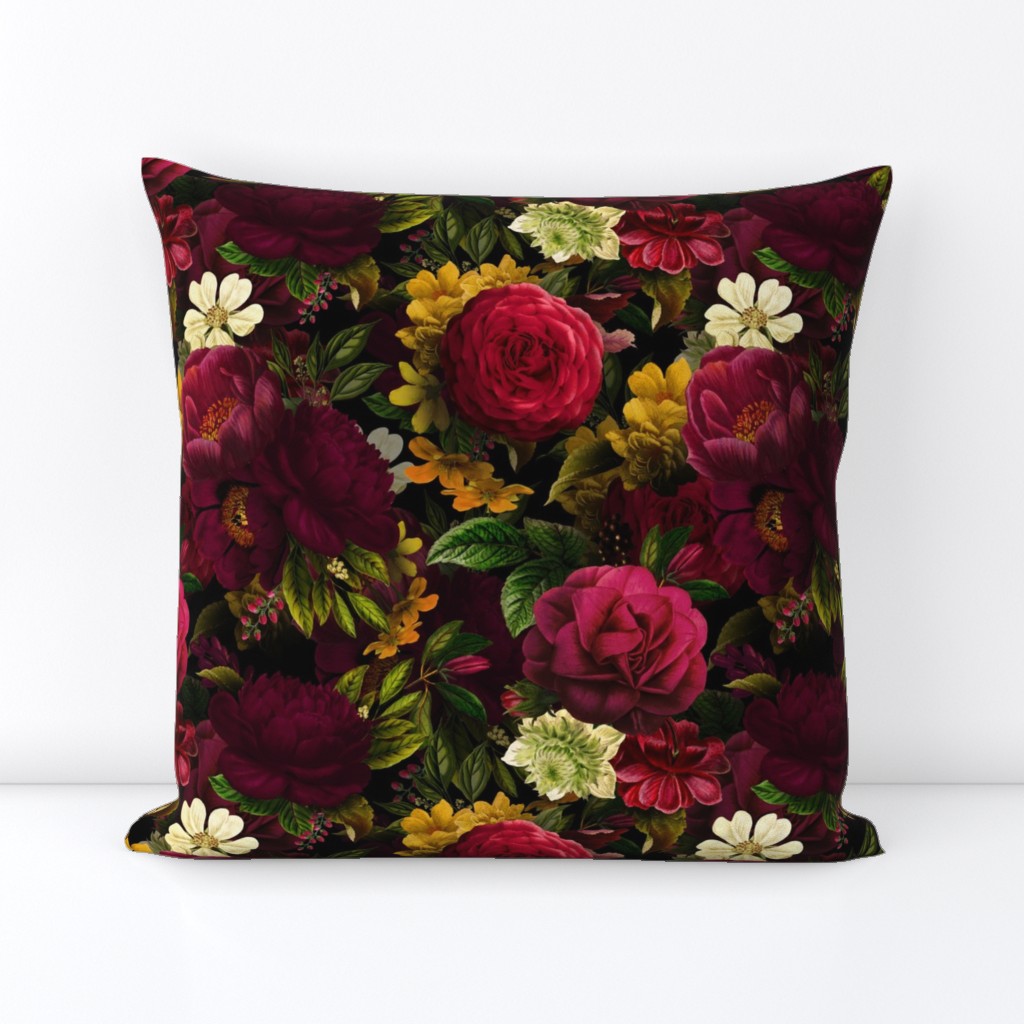 Vintage Summer Night Romanticism:  Maximalism Moody Burgundy Red Florals- Antiqued  Roses Peonies and Nostalgic - Gothic Mystic Night-  Antique Botany Wallpaper and Victorian Goth Mystic inspired