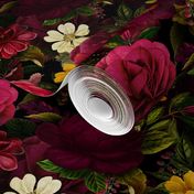 Vintage Summer Night Romanticism:  Maximalism Moody Burgundy Red Florals- Antiqued  Roses Peonies and Nostalgic - Gothic Mystic Night-  Antique Botany Wallpaper and Victorian Goth Mystic inspired