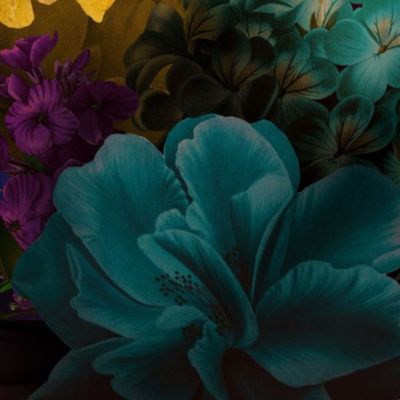 Vintage Fall Night Romanticism:  Maximalism Moody Burgundy Red Florals- Antiqued  Yellow And Teal Peonies and Nostalgic - Gothic Mystic Night-  Antique Botany Wallpaper and Victorian Goth Mystic inspired 