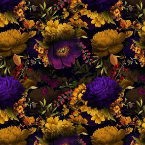 Vintage Summer Night Romanticism:  Maximalism Moody Burgundy Red Florals- Antiqued  Yellow And Purple Peonies and Nostalgic - Gothic Mystic Night-  Antique Botany Wallpaper and Victorian Goth Mystic inspired