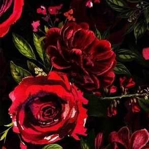 Vintage Summer Dark Night Romanticism:  Maximalism Moody Burgundy Red Florals- Antiqued Roses Nostalgic - Gothic Mystic Night-  Antique Botany Wallpaper and Victorian Goth Mystic inspired