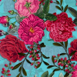 Nostalgic Pink And Burgundy Roses, Antique Flowers Bouquets,vintage home decor,  English Roses Fabric on blue