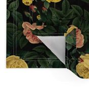 Vintage Summer Dark Night Romanticism:  Maximalism Moody Yellow Florals- Antiqued Peach Roses Nostalgic - Gothic Mystic Night-  Antique Botany Wallpaper and Victorian Goth Mystic inspired 