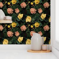 Vintage Summer Dark Night Romanticism:  Maximalism Moody Yellow Florals- Antiqued Peach Roses Nostalgic - Gothic Mystic Night-  Antique Botany Wallpaper and Victorian Goth Mystic inspired 