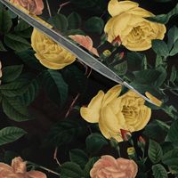 Vintage Summer Dark Night Romanticism:  Maximalism Moody Yellow Florals- Antiqued Peach Roses Nostalgic - Gothic Mystic Night-  Antique Botany Wallpaper and Victorian Dramatic Goth Mystic inspired 