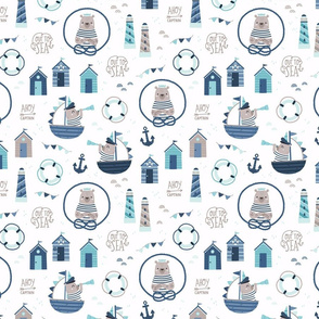 Ahoy Captain - nautical bear SMALL white mint blue