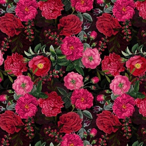 Vintage Summer Dark Night Romanticism:  Maximalism Moody Florals- Antiqued Pink Roses Nostalgic - Gothic Mystic Night-  Antique Botany Wallpaper and Victorian Goth Mystic inspired