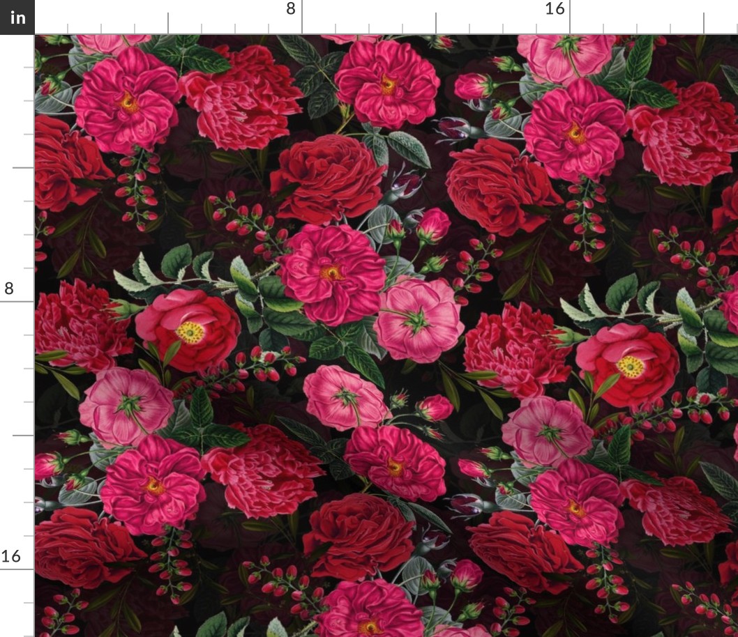 Vintage Summer Dark Night Romanticism:  Maximalism Moody Florals- Antiqued Pink Roses Nostalgic - Gothic Mystic Night-  Antique Botany Wallpaper and Victorian Goth Mystic inspired
