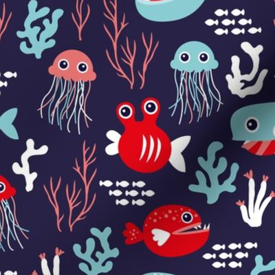 Deep water jelly fish and quirky sea life animals navy blue red