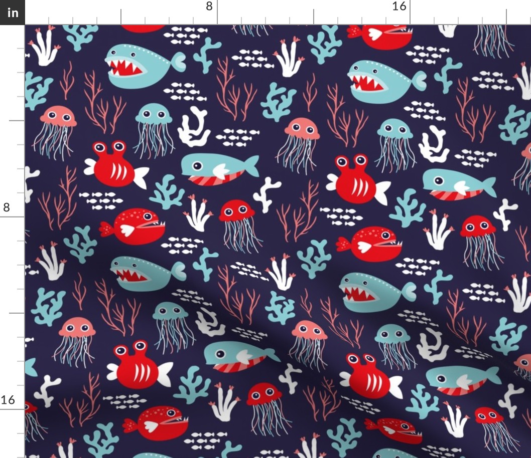 Deep water jelly fish and quirky sea life animals navy blue red