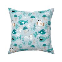 Deep water jelly fish and quirky sea life animals blue teal rust