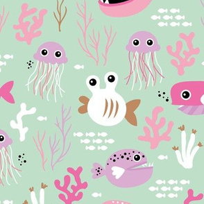 Deep water jelly fish and quirky sea life animals mint pink lilac girls