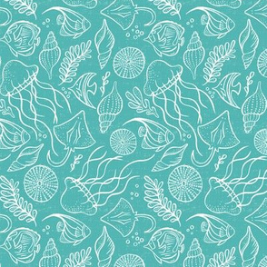 Sea Life - Aqua White Outline Small Scale