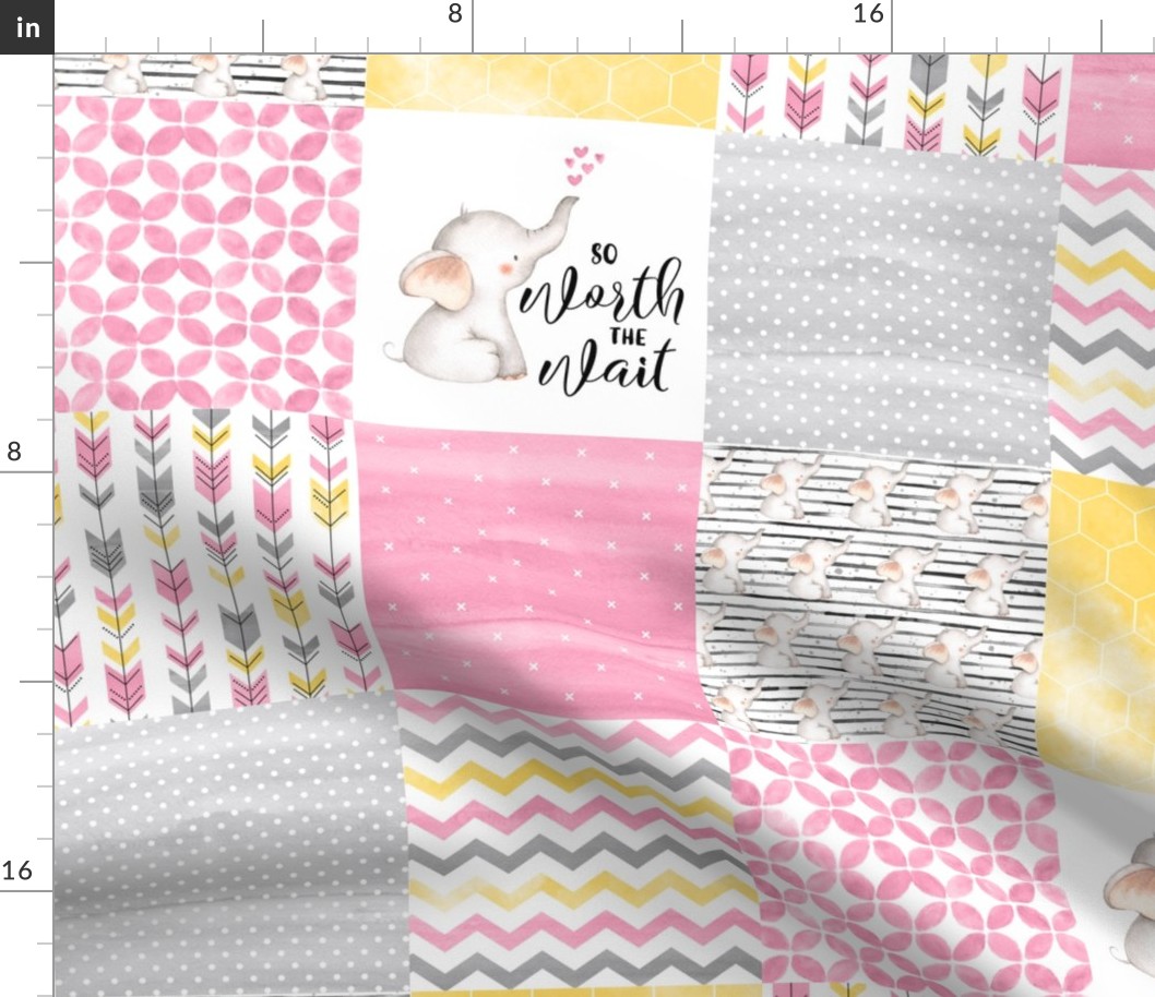 Elephant//Worth The Wait//Pink&Yellow - Wholecloth Cheater Quilt
