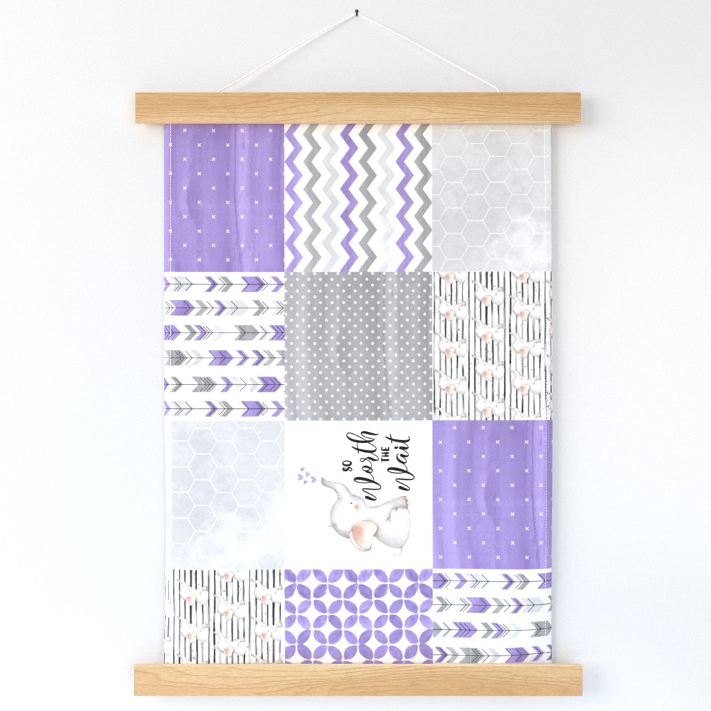 Elephant//Worth The Wait//Purple - Wholecloth Cheater Quilt - Rotated