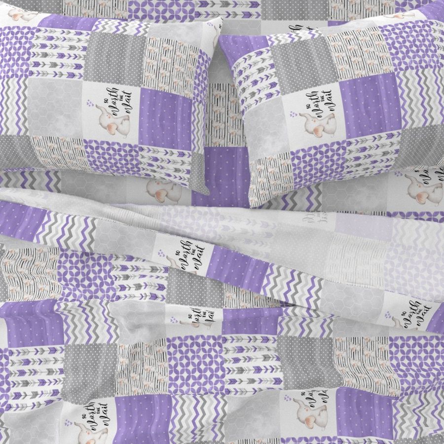 Elephant//Worth The Wait//Purple - Wholecloth Cheater Quilt - Rotated