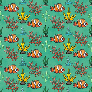 Tropical Coral And Fish On Green