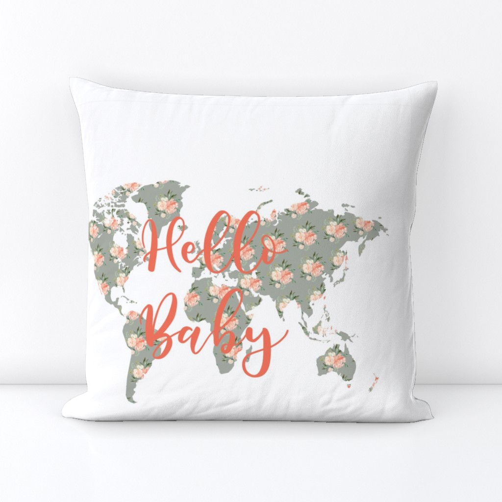 18x18" hello baby olive floral world map loveys 