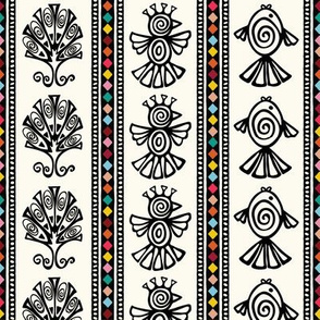 Tribal Ethnic Boho Pattern, Colorful Borders, Bird Tree and Fish Motifs, antique