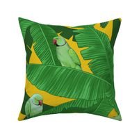 Tropical Green Parrot Birds on Banana Leaves - Yellow