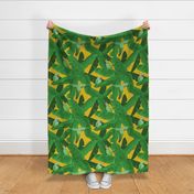 Tropical Green Parrot Birds on Banana Leaves - Yellow