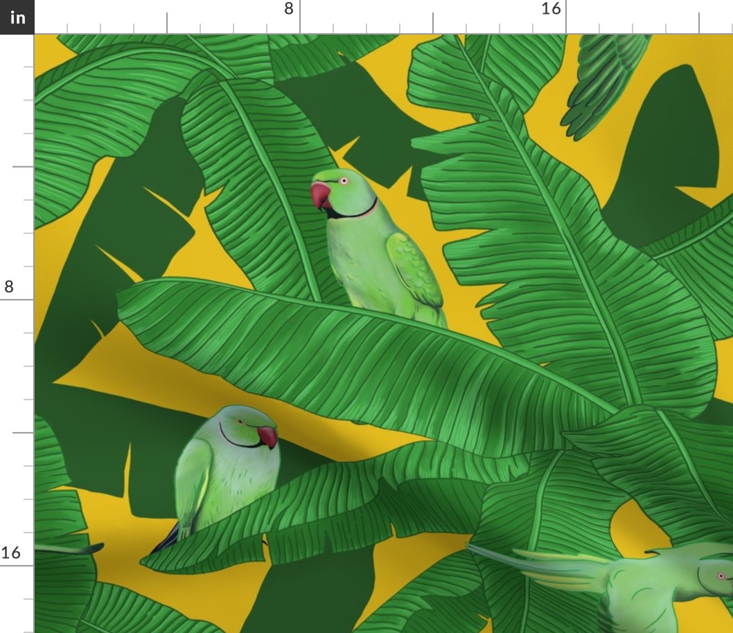 Tropical Green Parrot Birds on Banana Leaves - Yellow