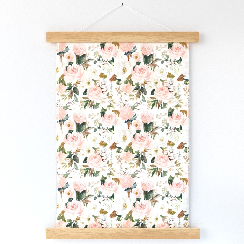 Vintage Magnolia Florals // White - Magnolia Watercolor Floral, Blush, Pink, Nursery Fabric, Baby Girl 