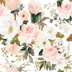 Vintage Magnolia Florals // White - Magnolia Watercolor Floral, Blush, Pink, Nursery Fabric, Baby Girl 