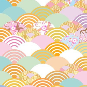 Nature background with flower, rosy pink Cherry, wave circle pattern blue orange 