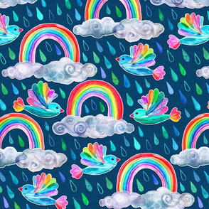 Spring Showers and Rainbow Birds - dark blue