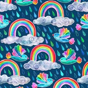 Spring Showers and Rainbow Birds - dark blue, small print