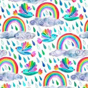 Spring Showers and Rainbow Birds - white