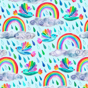 Spring Showers and Rainbow Birds - light blue