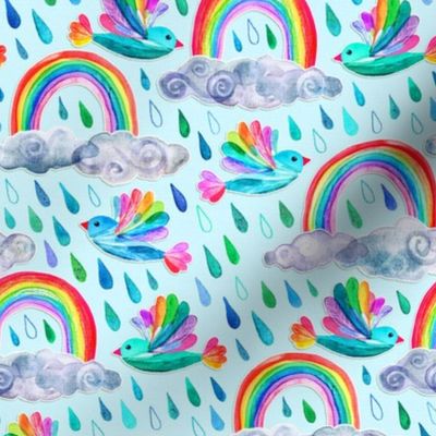 Spring Showers and Rainbow Birds - light blue, small print