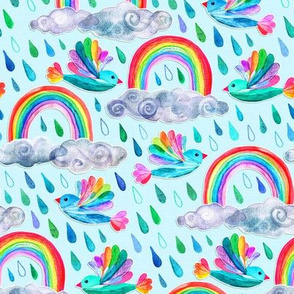 Spring Showers and Rainbow Birds - light blue, small print